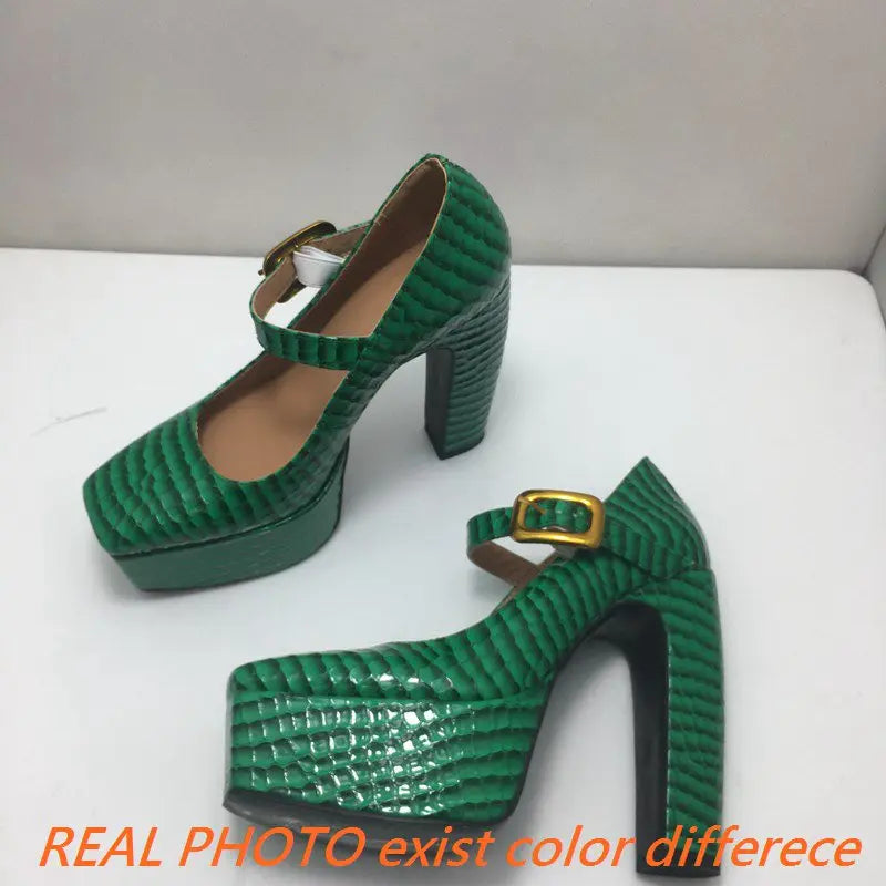 Female Pumps Square Toe Block Heel 13.5cm Platform 5cm