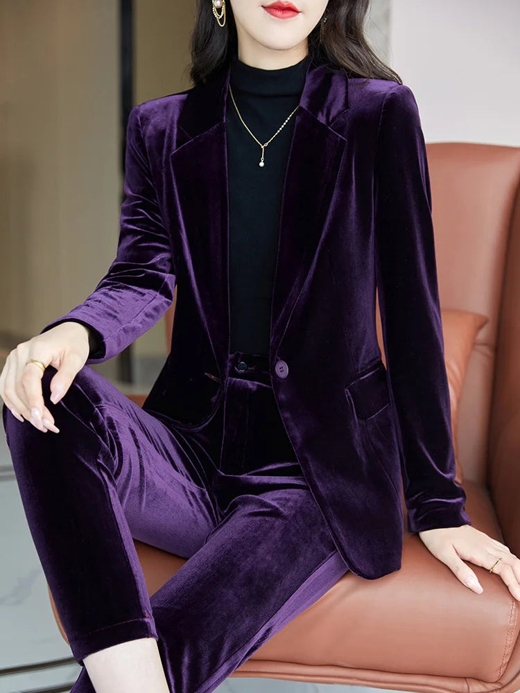 High Quality Fabric Velvet Formal Women Business Suits 
OL Styles Professional Pantsuits