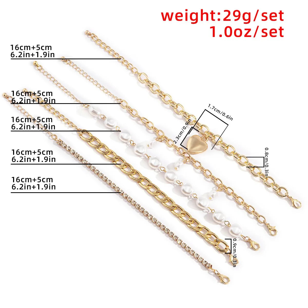 5 Pcs/Set Vintage Heart Pendant with Imitation-Pearl 
Cuban Chain Bracelet