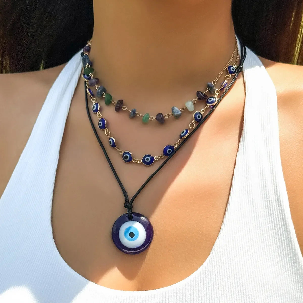 3 Pcs Boho Creative Blue Turkish Lucky Evil Eye Pendant Choker Necklace