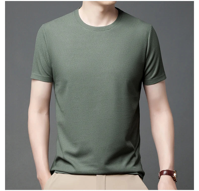 New Summer Waffle Round Neck Short Sleeved T-shirt for Men's