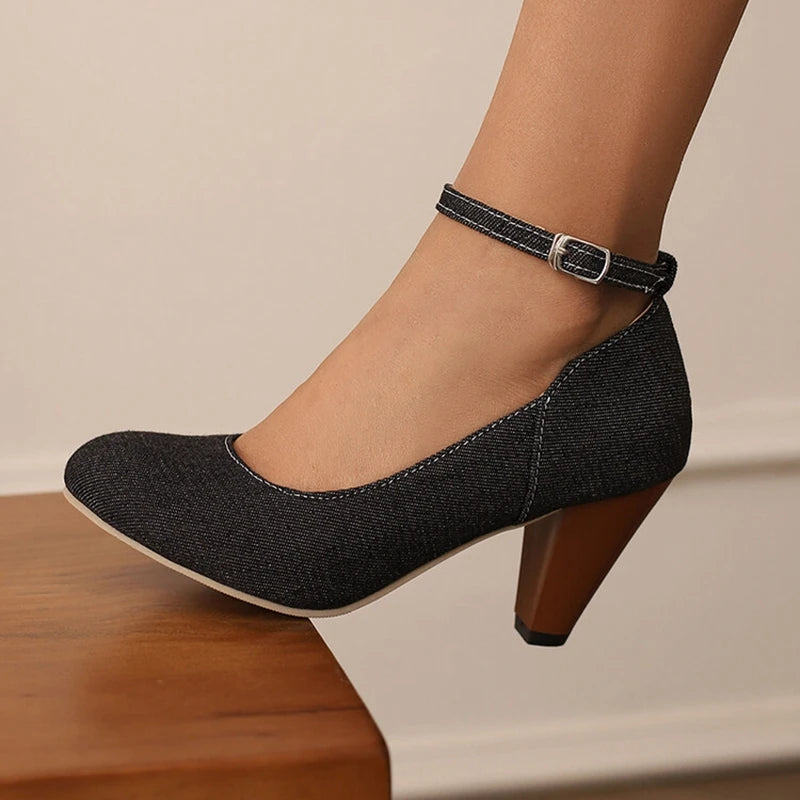 Women Pumps Pointed Toe, 7.5cm Spike Heel, Denim Fabric, Office Ankle Strap