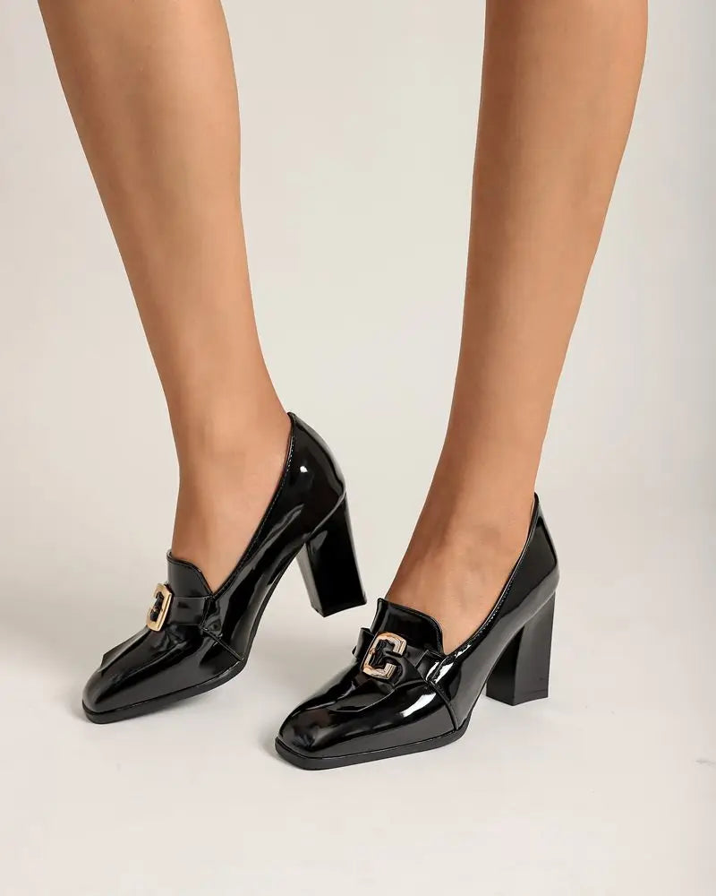 Women Pumps Square Toe, Block Heel
easy Slip-on with Shallow Metal Decoration