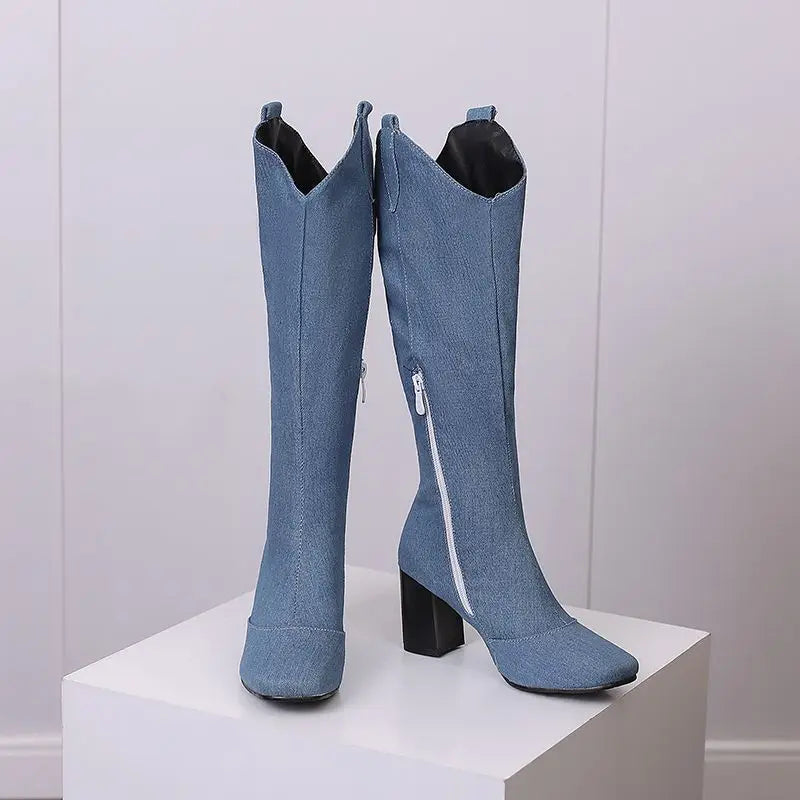 Denim Western style Knee High Boots with Square Toe, Block Heels 7cm, Zipper 
Cowboy Casual Female Booties