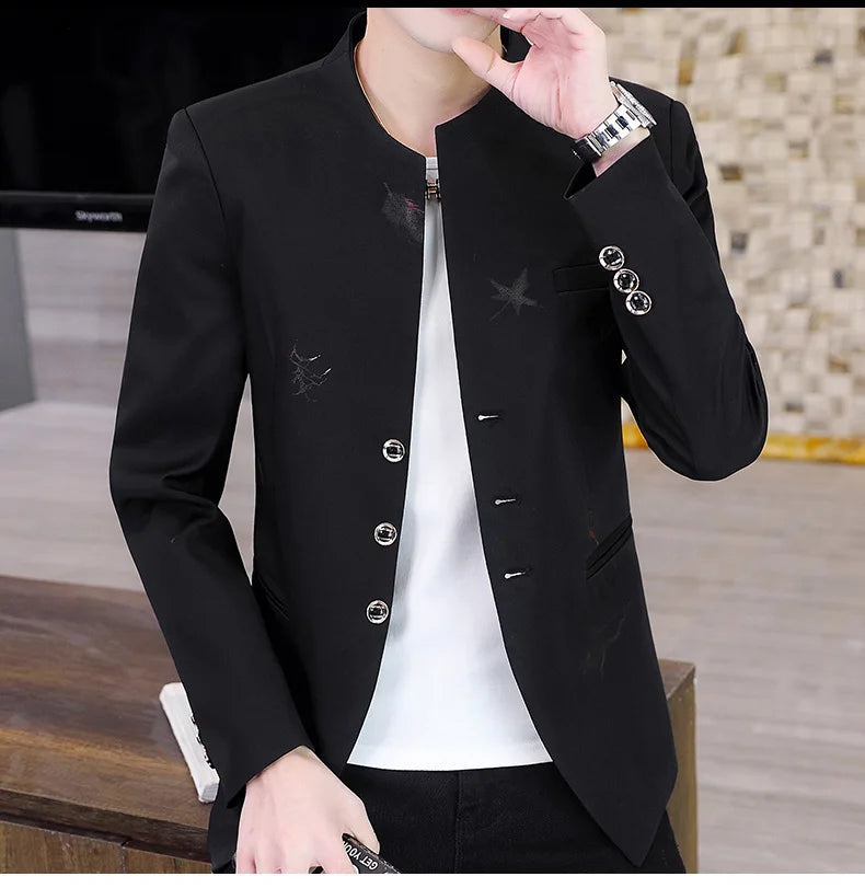 Men Printed Small Suit 
Male Self-cultivation Stand-up Collar Tunic Casual Suit