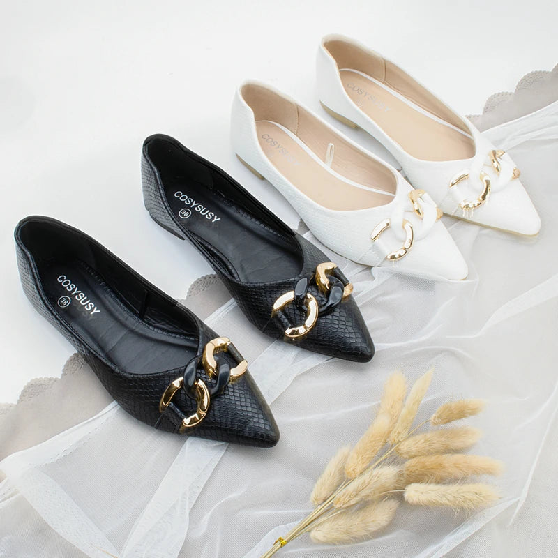 Pointed Metal Buckle Spring & Autumn Flat Women's Shoes