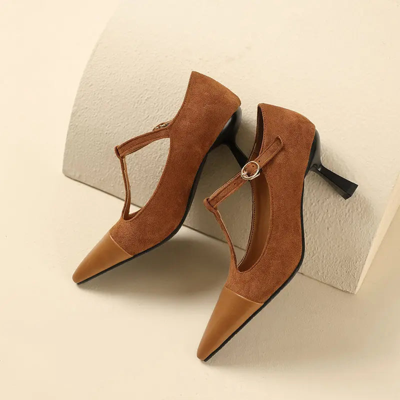 Women Pumps T-strap Thin High Heels 7.5cm, Pointed Toe Shoes