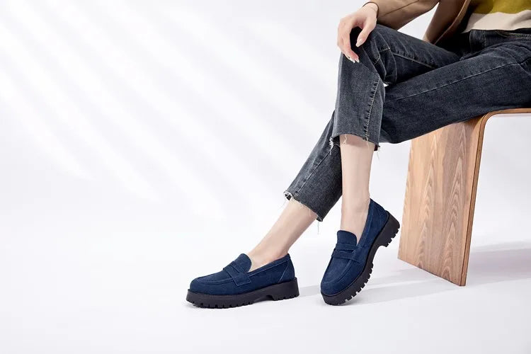 Spring Shoes for Female in British Style, Thick-soled, Casual, Genuine Leather