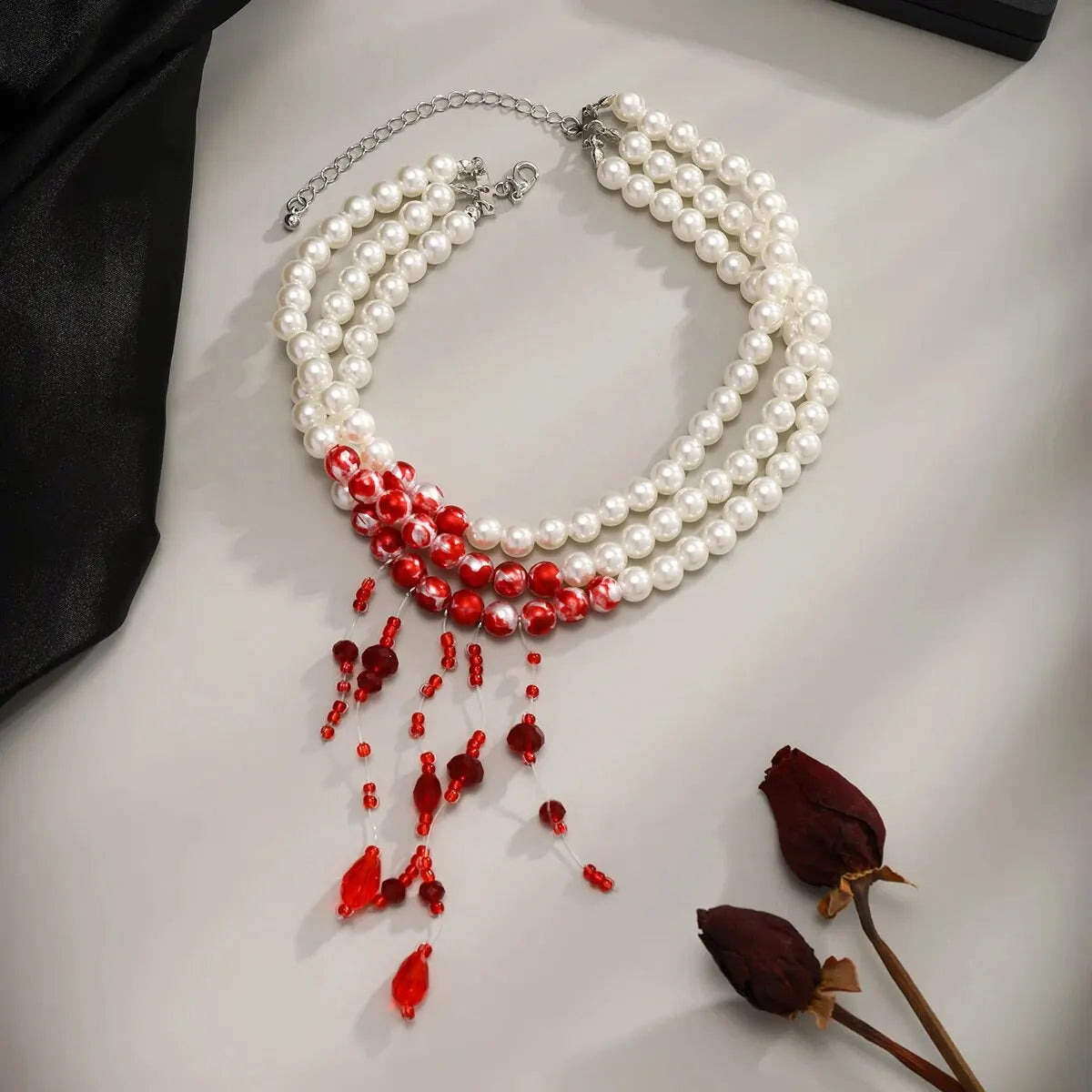 Multilayer Vintage Red Blood Pattern with Imitation Pearl Tassel Pendant Necklace