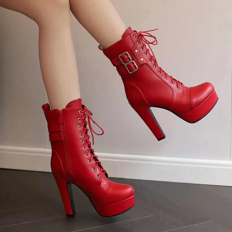 Women Boots with Round Toe, Chunky High Heels 12cm, Platform, 2.5cm Zipper
 Lace Up Belt Buckles