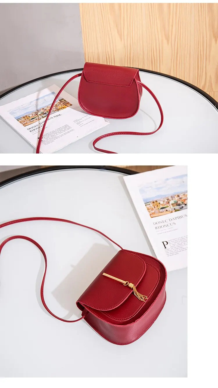 Golden Tassel Double Layer Semi Circle Solid Color One Shoulder Saddle Bag