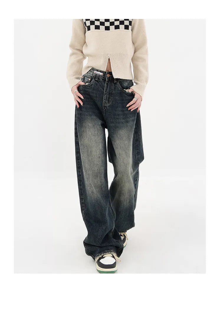 Streetwear Retro Autumn Women High Waist Jeans