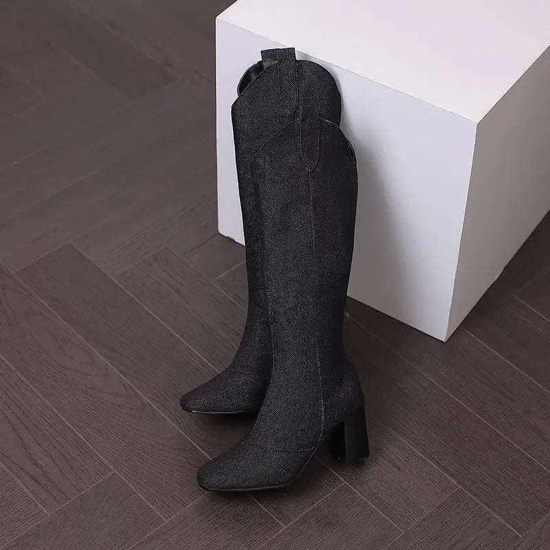 Denim Western style Knee High Boots with Square Toe, Block Heels 7cm, Zipper 
Cowboy Casual Female Booties