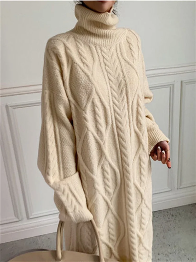 Winter Oversize Turtleneck Knitted Women Dresses