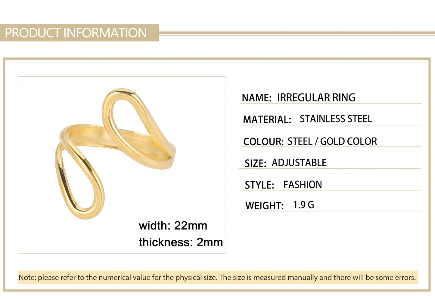 Stainless Steel Irregular Geometric Ring, Gold Color 
Open Finger Rings