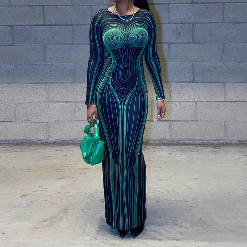 Fall Clothing For a Business Women, Sleeve Bodycon Streetwear 
Party Club Green Long Dress