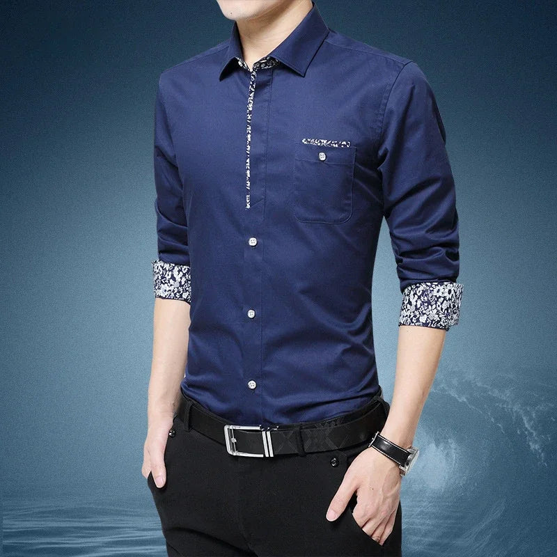 Long Sleeve Button Plain Solid Color Male Shirt