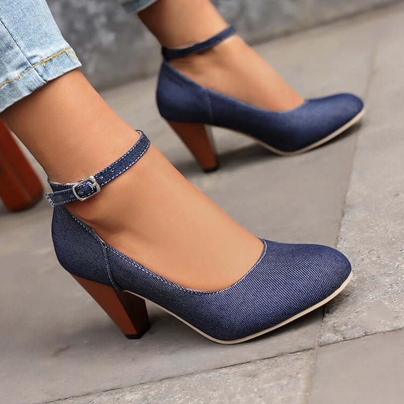 Women Pumps Pointed Toe, 7.5cm Spike Heel, Denim Fabric, Office Ankle Strap