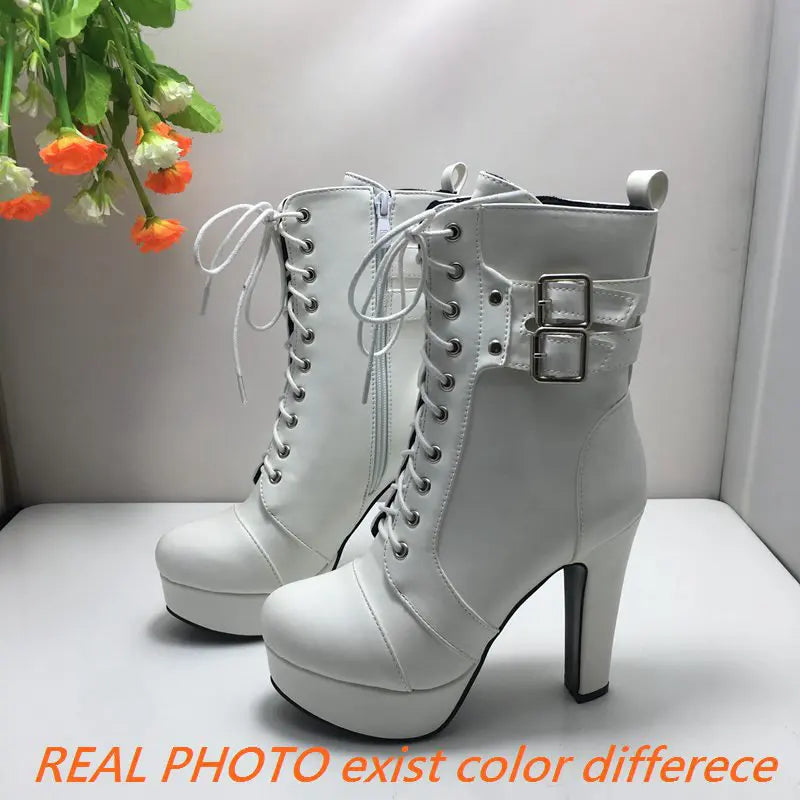 Women Boots with Round Toe, Chunky High Heels 12cm, Platform, 2.5cm Zipper
 Lace Up Belt Buckles