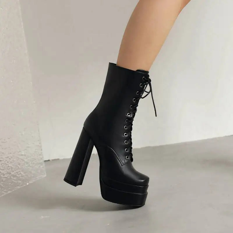 Ladies Mid Calf Boots 18cm with Square Toe, Block Heels 14cm
Double Platform 5cm, Zipper Lace Up Female Booties