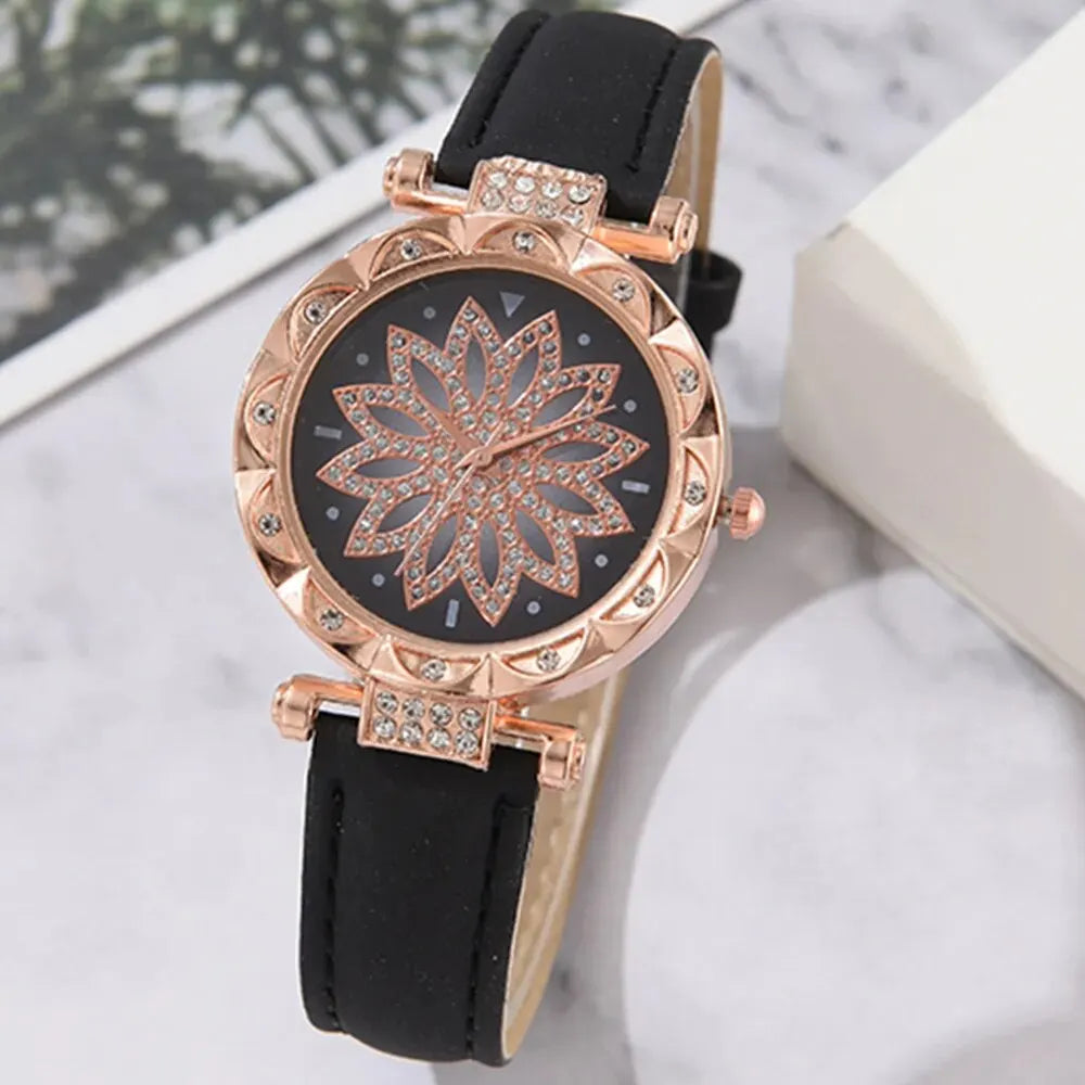 Set Women Luxury Leather Analog Ladies Quartz Wrist Watch Fashion Bracelet Watch 5PCS