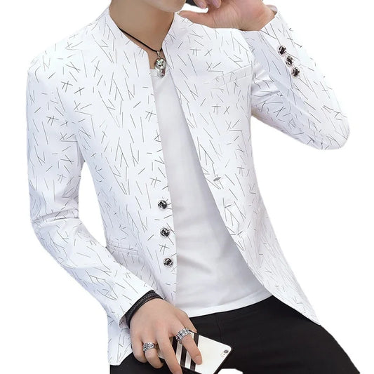 Men Printed Small Suit 
Male Self-cultivation Stand-up Collar Tunic Casual Suit