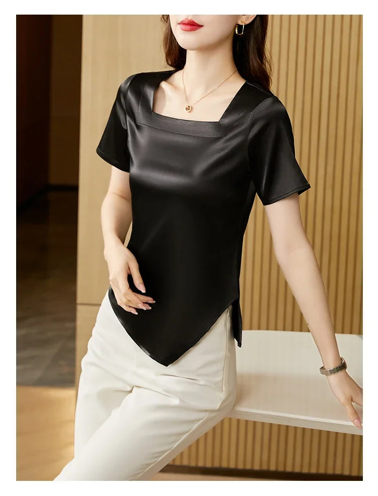 Satin Blouse with Square Collar