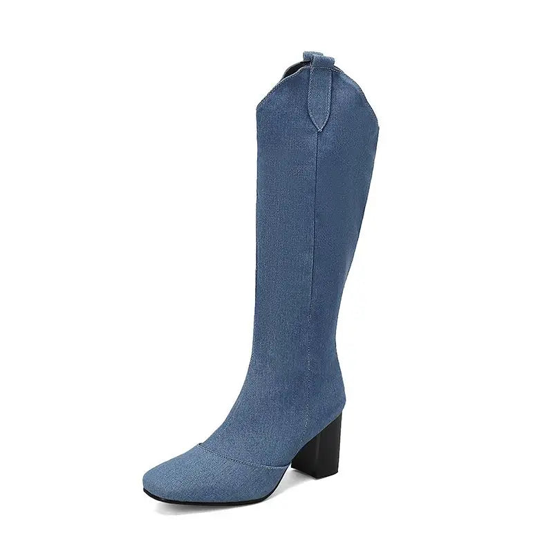 Denim Western style Knee High Boots with Square Toe, Block Heels 7cm, Zipper 
Cowboy Casual Female Booties