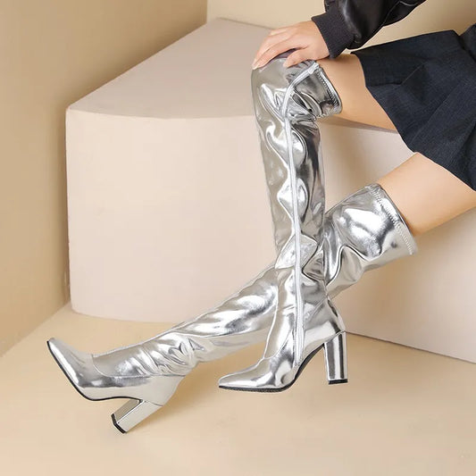 Fashion Women Zipper Thigh Boots 54cm Pointed Toe Block Heels 9cm