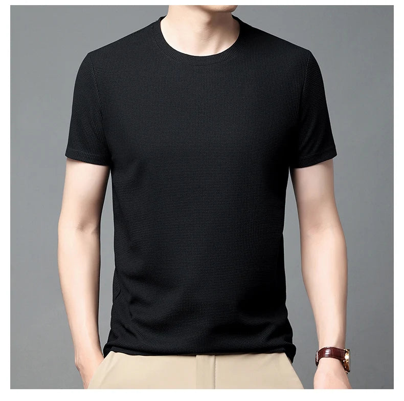 New Summer Waffle Round Neck Short Sleeved T-shirt for Men's