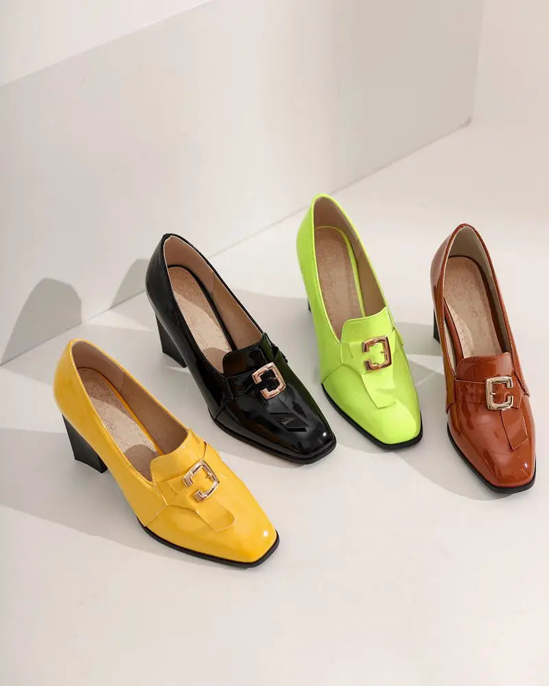 Women Pumps Square Toe, Block Heel
easy Slip-on with Shallow Metal Decoration