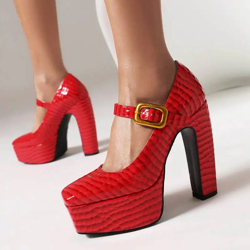 Female Pumps Square Toe Block Heel 13.5cm Platform 5cm