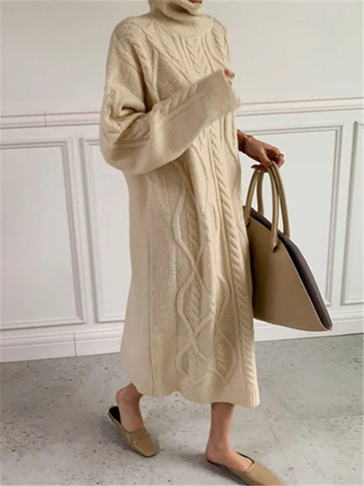 Winter Oversize Turtleneck Knitted Women Dresses