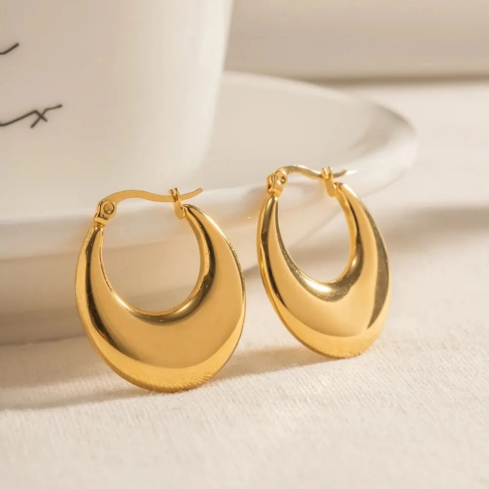 Stainless Steel U Chunky Hoop Earring 18k Gold Plated with Stainless Steel Moon Design