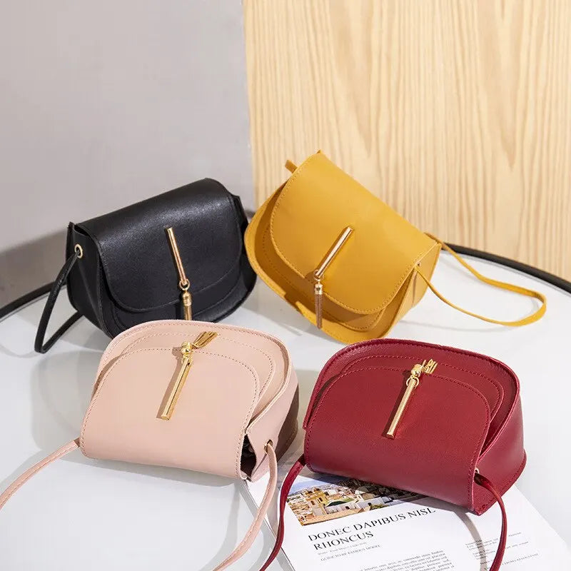 Golden Tassel Double Layer Semi Circle Solid Color One Shoulder Saddle Bag