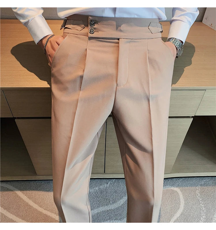 Men Dress Suit Pants, Striped Plaid British Style, High Waist Casual Belt Design 
Slim Trousers, Formal, Office, Social, Wedding, Party