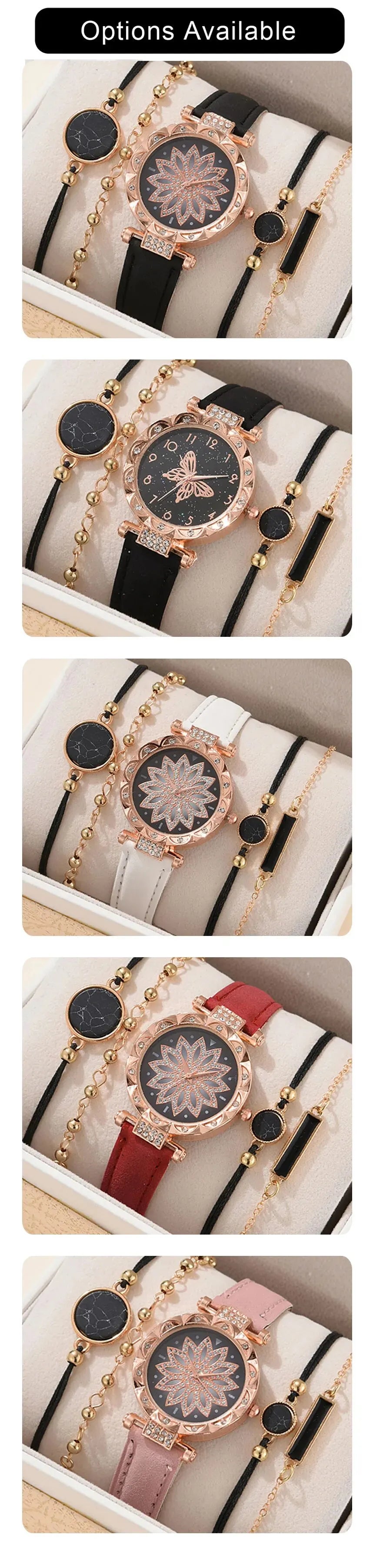 Set Women Luxury Leather Analog Ladies Quartz Wrist Watch Fashion Bracelet Watch 5PCS