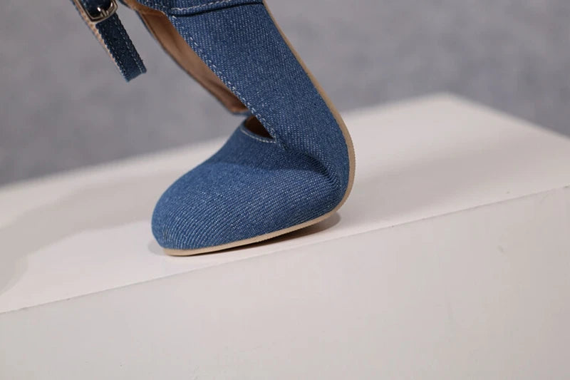 Women Pumps Pointed Toe, 7.5cm Spike Heel, Denim Fabric, Office Ankle Strap