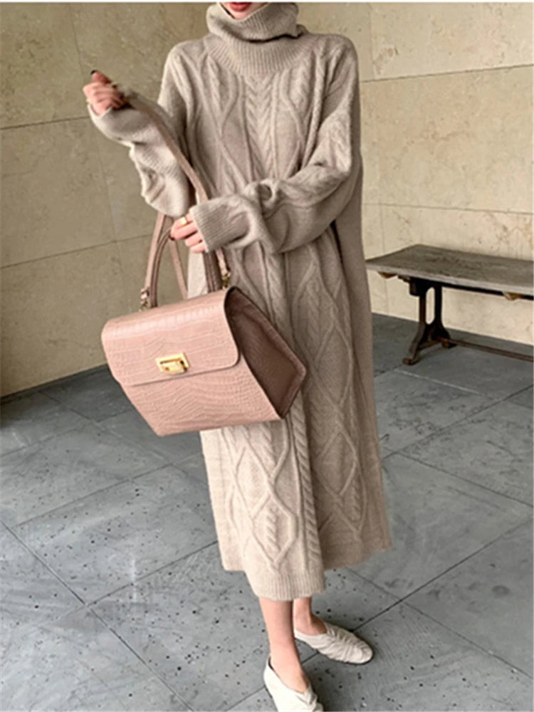 Winter Oversize Turtleneck Knitted Women Dresses