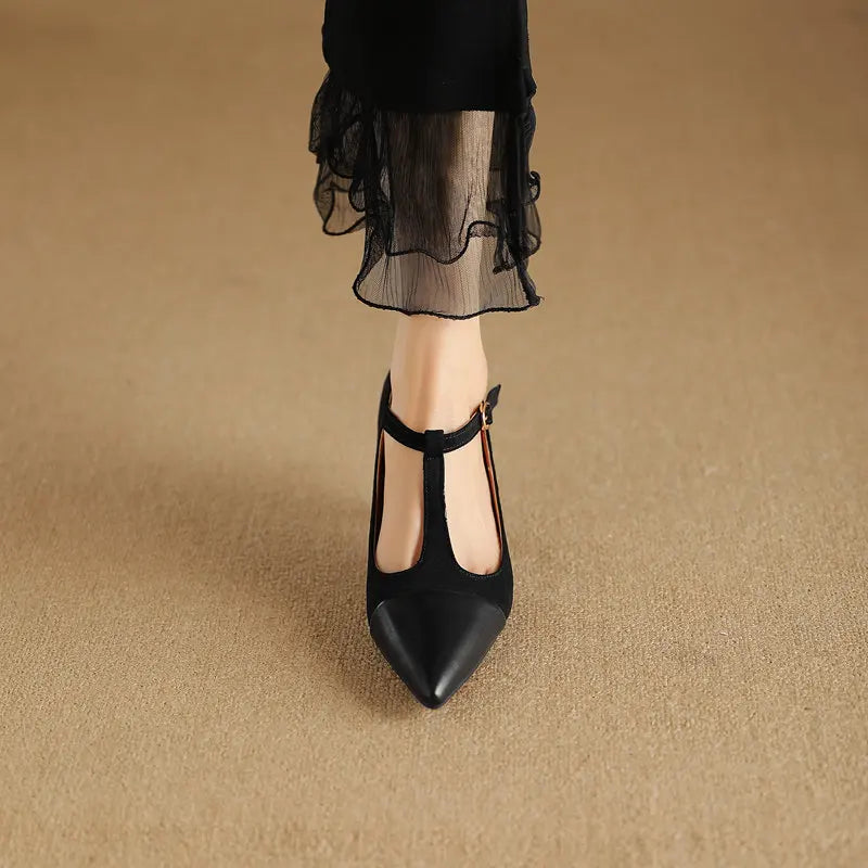 Women Pumps T-strap Thin High Heels 7.5cm, Pointed Toe Shoes