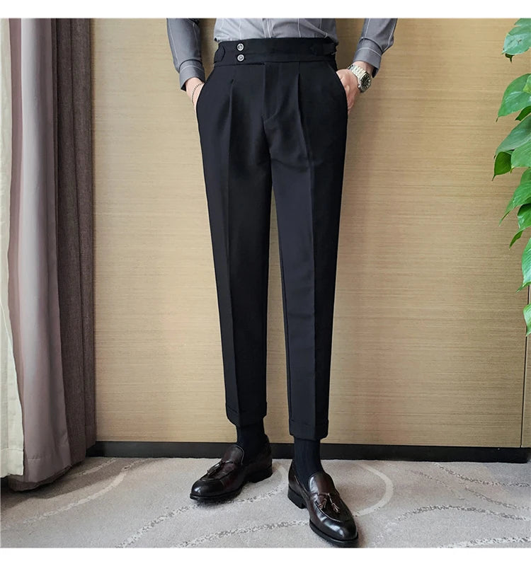 Men Dress Suit Pants, Striped Plaid British Style, High Waist Casual Belt Design 
Slim Trousers, Formal, Office, Social, Wedding, Party