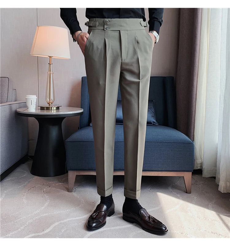 Men Dress Suit Pants, Striped Plaid British Style, High Waist Casual Belt Design 
Slim Trousers, Formal, Office, Social, Wedding, Party