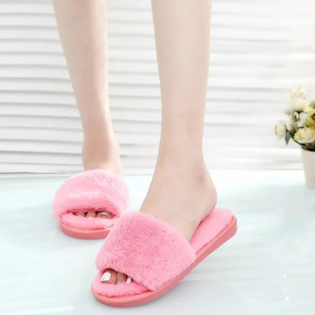 Winter Slippers Women's Fashion Cross Fluffy Leather Slippers
Home Slide Platform Flat Indoor Women's Shoes