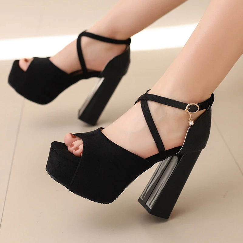 Elegant Open Toe Women Sandals 12cm Thick Block Heel 4cm Platform Buckles Cross Strap