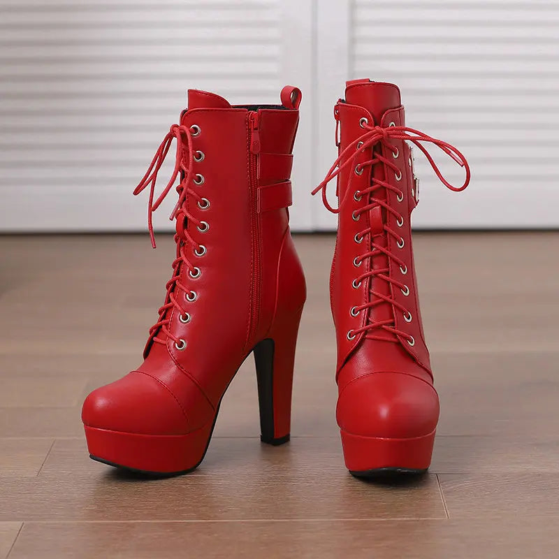 Women Boots with Round Toe, Chunky High Heels 12cm, Platform, 2.5cm Zipper
 Lace Up Belt Buckles