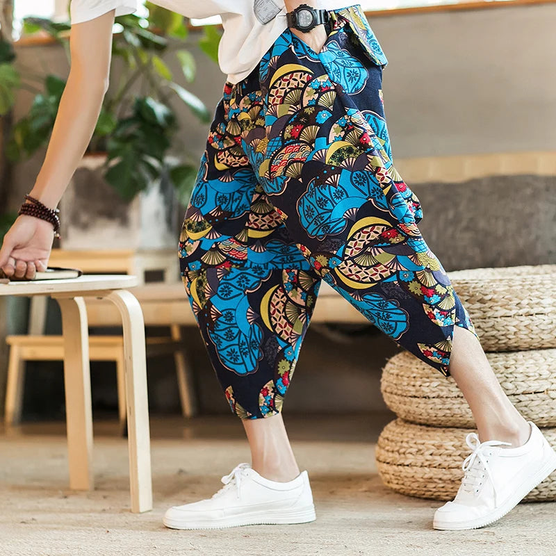 Summer Loose Calf Length Casual Pants for Men 
Wide Leg Cotton Linen Printing Baggy Pants