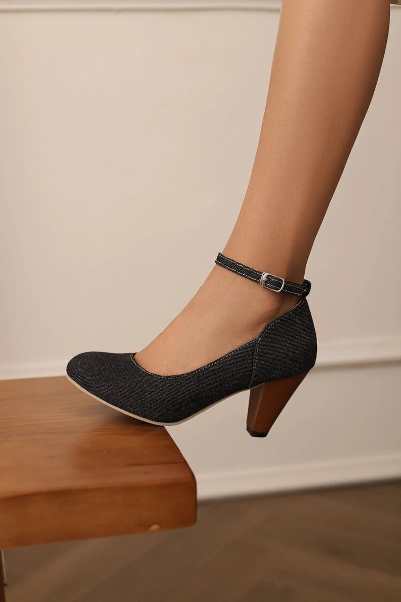 Women Pumps Pointed Toe, 7.5cm Spike Heel, Denim Fabric, Office Ankle Strap