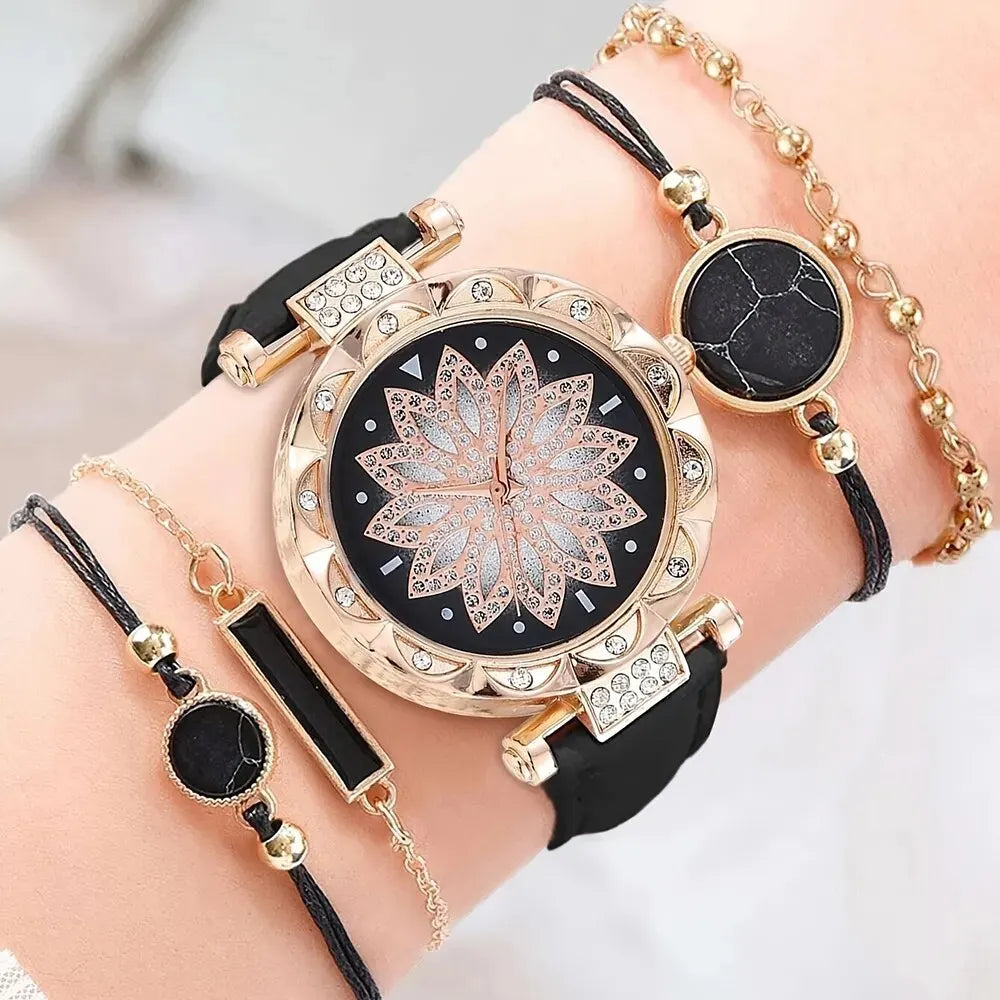 Set Women Luxury Leather Analog Ladies Quartz Wrist Watch Fashion Bracelet Watch 5PCS