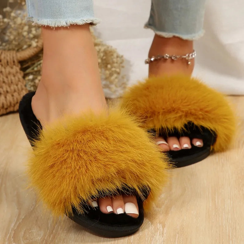 Winter Women's Fashion Fur Slippers 
Fluffy & Cute Plush Women's Luxury Outdoor Anti Slip Durable Flat Bottom Slippers