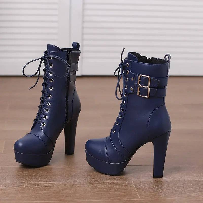 Women Boots with Round Toe, Chunky High Heels 12cm, Platform, 2.5cm Zipper
 Lace Up Belt Buckles